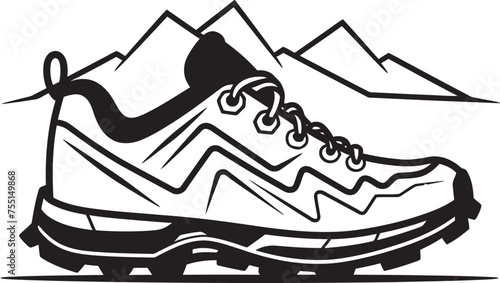black and white hiking shoe with mountains clip art preview