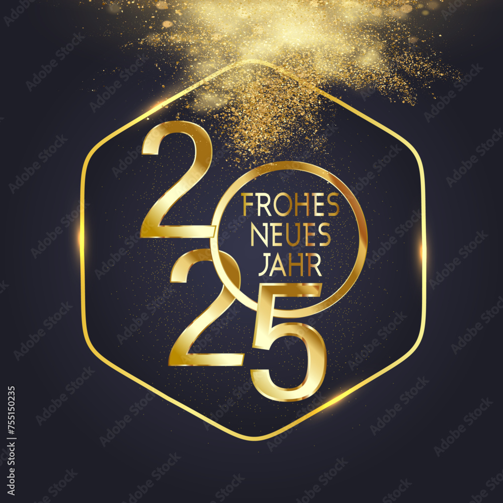 Karte oder Banner, um ein frohes neues Jahr 2025 zu wünschen, in Gold in einem Kreis und