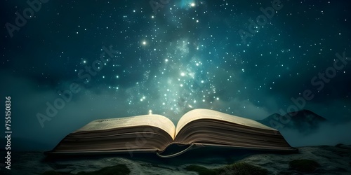 A mystical open book under the night sky unleashing enchanted knowledge. Concept Fantasy, Books, Magic, Night Sky, Enchantment
