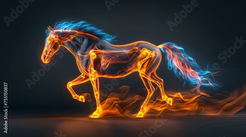 Mystical fire horse symbolizing the power of the natural element. A hoofed animal (stallion or mare) running fast. Illustration for cover, card, interior design, brochure or presentation. photo