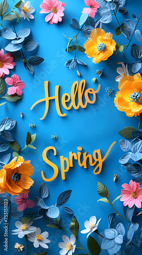 Spring card with flowers for the holiday of the vernal equinox and with the text hello spring in the center, showing awakened nature. Banner suitable for design on a blue background.