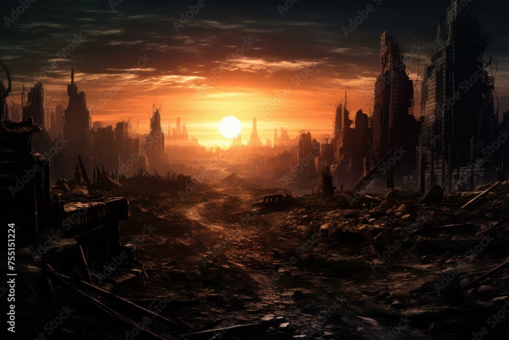 Naklejka premium Crumbling Ruined city. Ruins damage broken. Generate Ai