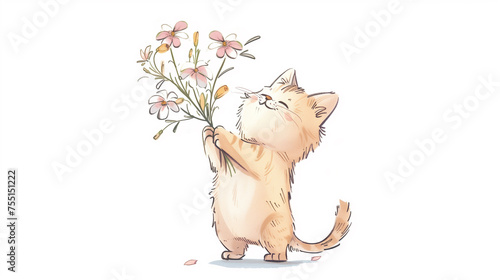Cute funny and happy kitten standing on its hind legs and holding a bouquet of flowers in its paws on a white background, watercolor cartoon-style illustration
