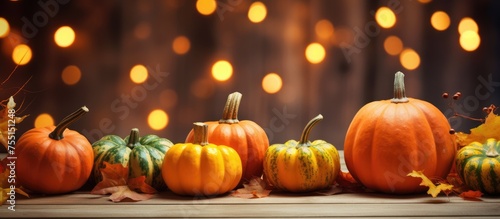 A row of vibrant orange pumpkins, also known as calabaza squash, displayed on a wooden table. These winter squash are a natural food and popular vegetable in local cuisine and creative arts