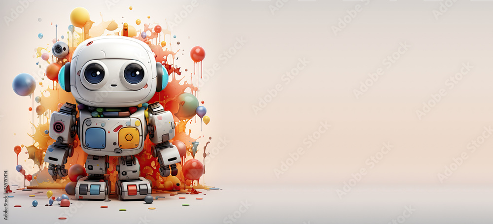 Robotics for Kids banner with empty space for advertising. Robot programming, robotics courses, IT technologies of the future. Stylized cute 3d robot character, concept art. Cartoon toy robot print. Robotics for Kids banner with empty space for advertising. Robot programming, robotics courses, IT technologies of the future. Stylized cute 3d robot character, concept art. Cartoon toy robot print.