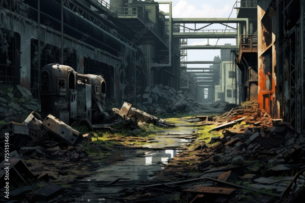 Deserted Ruined factory. Old ruin wall. Generate Ai