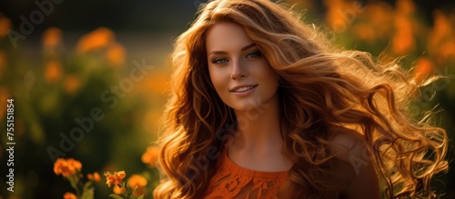 A happy woman with long red hair is standing in a field of flowers, enjoying the event. Her layered hair flows with the wind, adding an element of fun to the scene