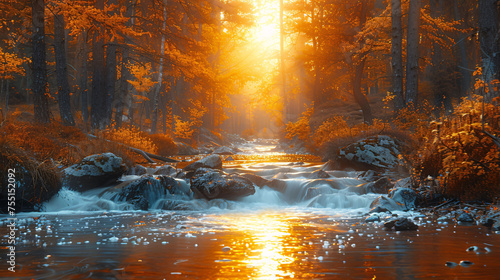 amazing autumn sunrise landscape, stream in the forest, picturesque morning dawn sunlight scenery, landscape nature colorful background