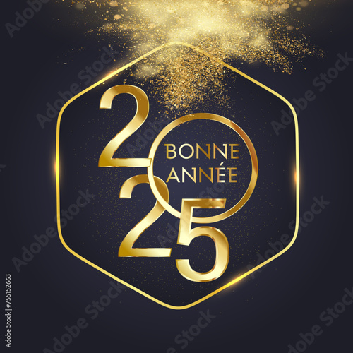 carte ou bandeau pour souhaiter une bonne année 2025 en or dans un cercle et hexagone doré sur fond noir avec nuage de paillettes d'or au-dessus