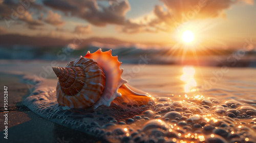 seashell on the beach at sunset