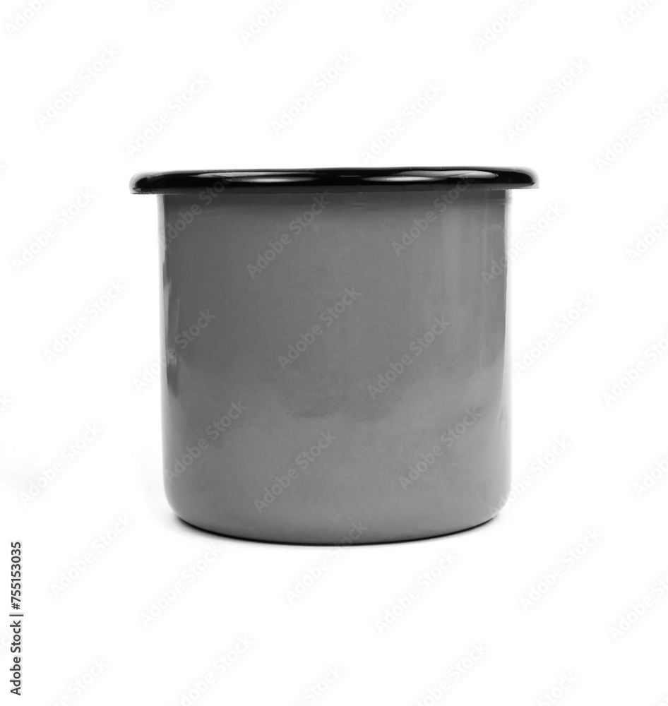 Gray enamel cup on white background isolation. Gray enamel cup on white background isolation.