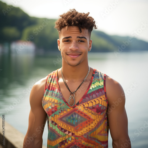 portrait of a handsome black young man by a lake wearing a colroful tank top, necklace, water and hills in background, smiling, playful smile, self confident professional attractive model © Oliver Evans Studio