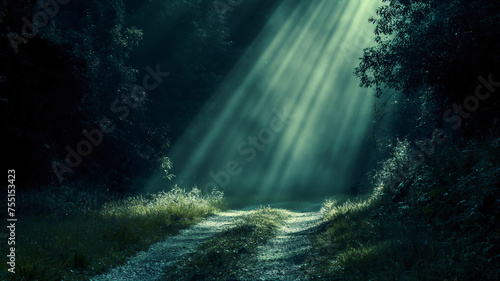 Mystical Sunbeams Creeping Through a Forest Path at Dawn
