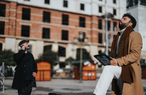 Two stylish businessmen are engaged in work outdoors, with one talking on the phone and the other pondering over digital tablet content.