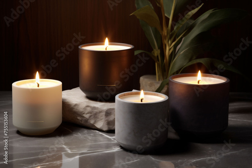 Three scented candles in neutral tones emit a warm glow, set against a dark, textured background, greenery, inviting a cozy, peaceful ambiance, spa day or minimalistic home decors.