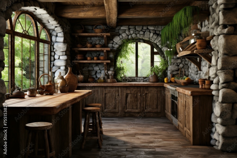 Fototapeta premium Vintage Rustic kitchen. Cottage wood house. Generate Ai