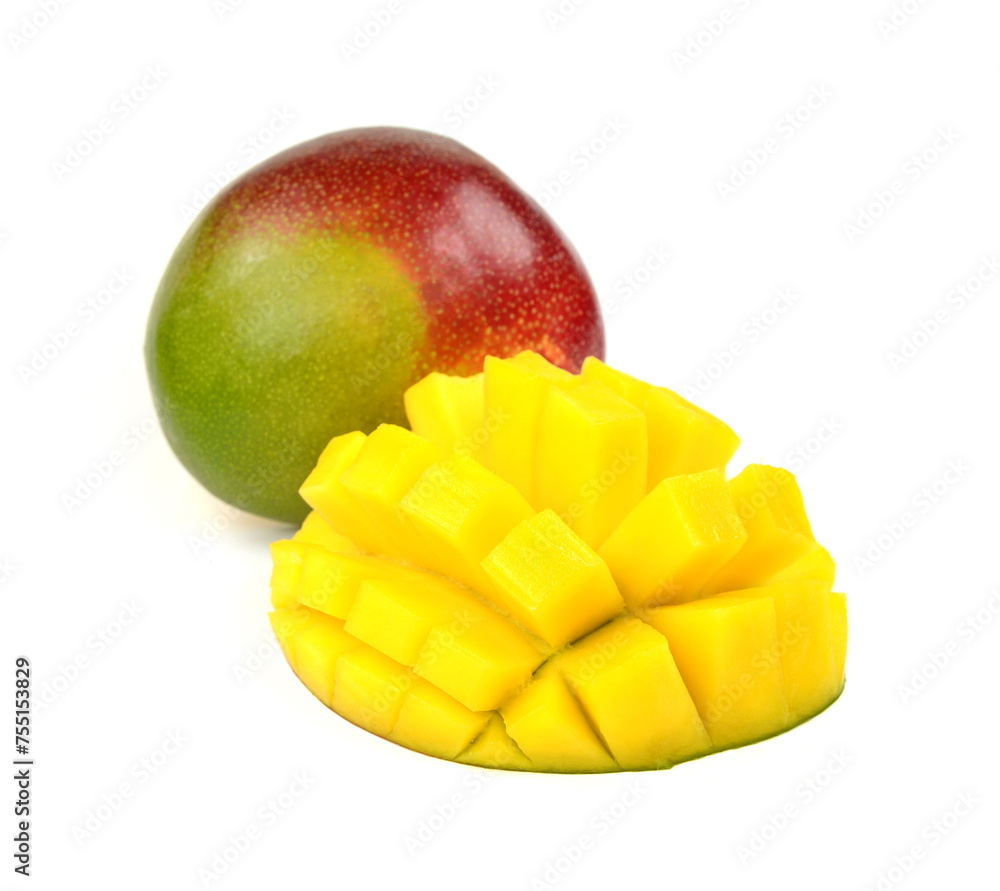 Ripe mango isolated. Organic mango and slices isolated on white background. Taste mango. Ripe mango isolated. Organic mango and slices isolated on white background. Taste mango.