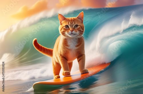 brave red cat surfing on the wave