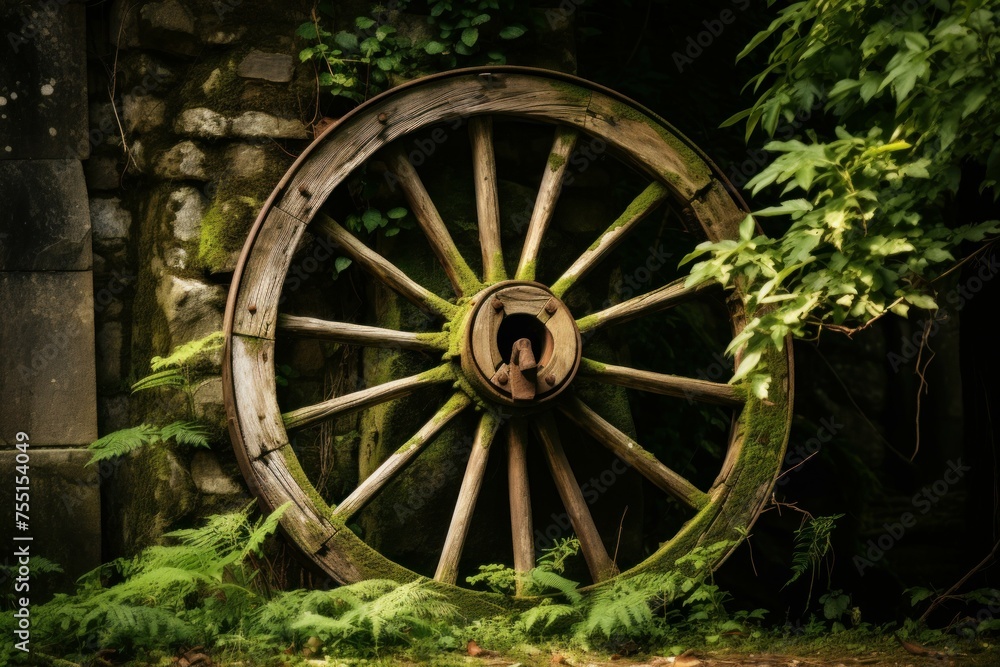 Antiquated Rustic old wheel scene. Rustic wooden wooden cart. Generate Ai