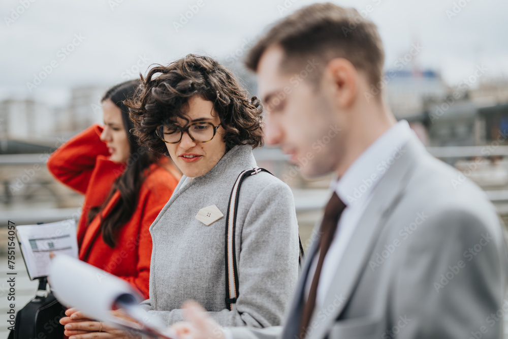 Group of business associates in a discussion with documents and a city backdrop, portraying teamwork and professionalism Group of business associates in a discussion with documents and a city backdrop, portraying teamwork and professionalism