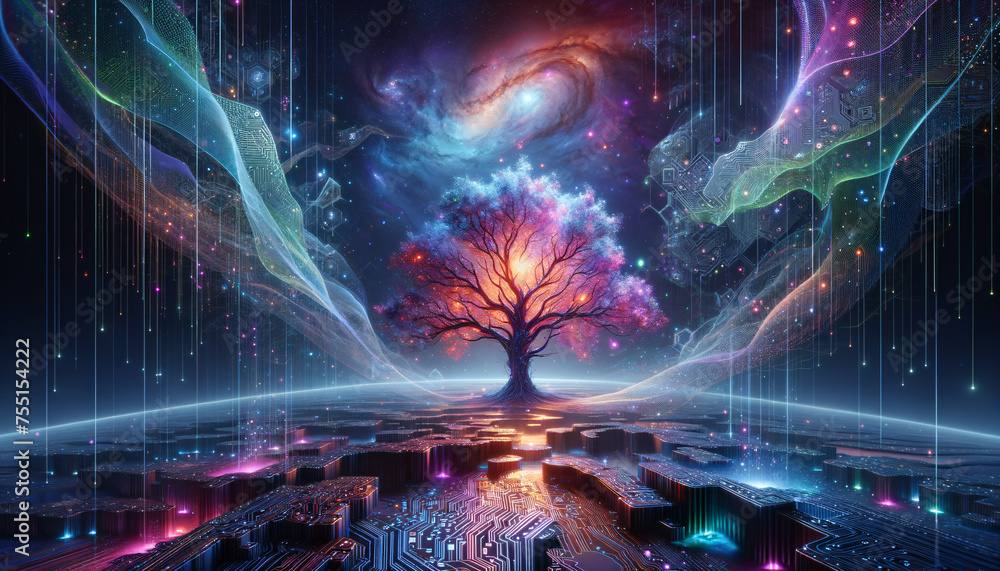 Surreal holographic tree amidst cosmic landscape with abstract elements