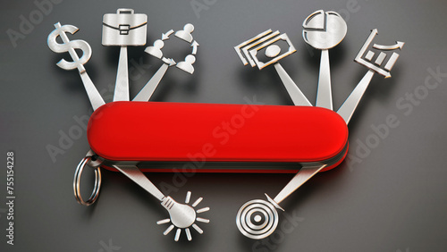 Technology icons connected to Swiss knife. 3D illustration
