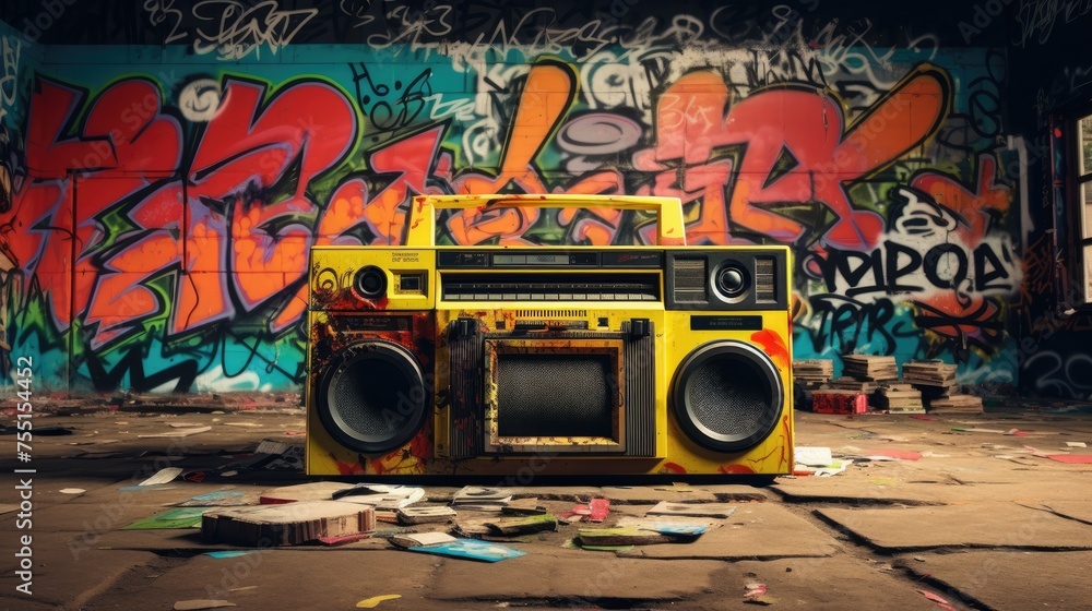 Fototapeta premium Boombox radio cassette tape recorder and graffiti wall art