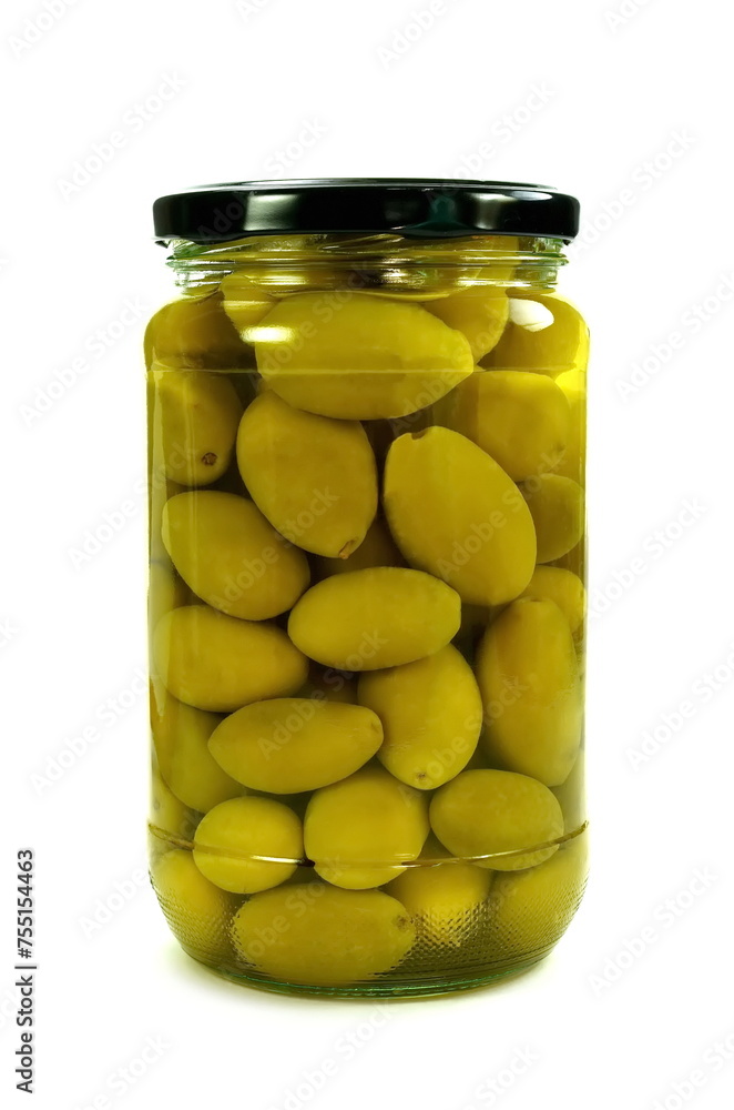 Green olives jar on a white background