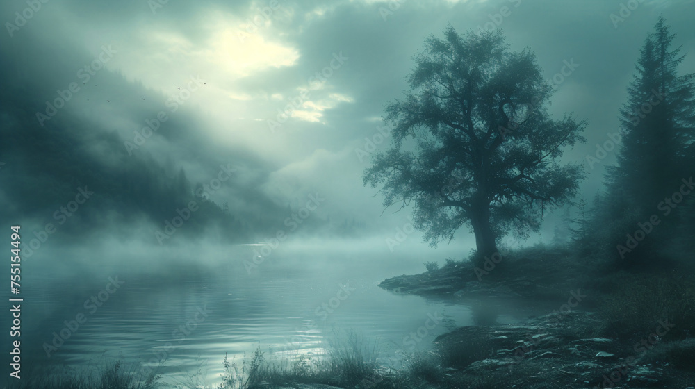 Misty forest with a lake and a tree in the foreground. Misty forest with a lake and a tree in the foreground.