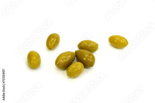 Green olives isolated on a white background. Top view.