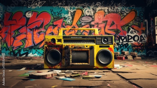 Boombox radio cassette tape recorder and graffiti wall art