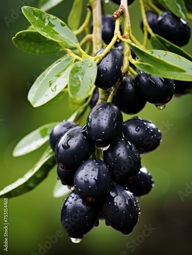 Ripe black olives on the tree with green leaves and water drops, close up view.
