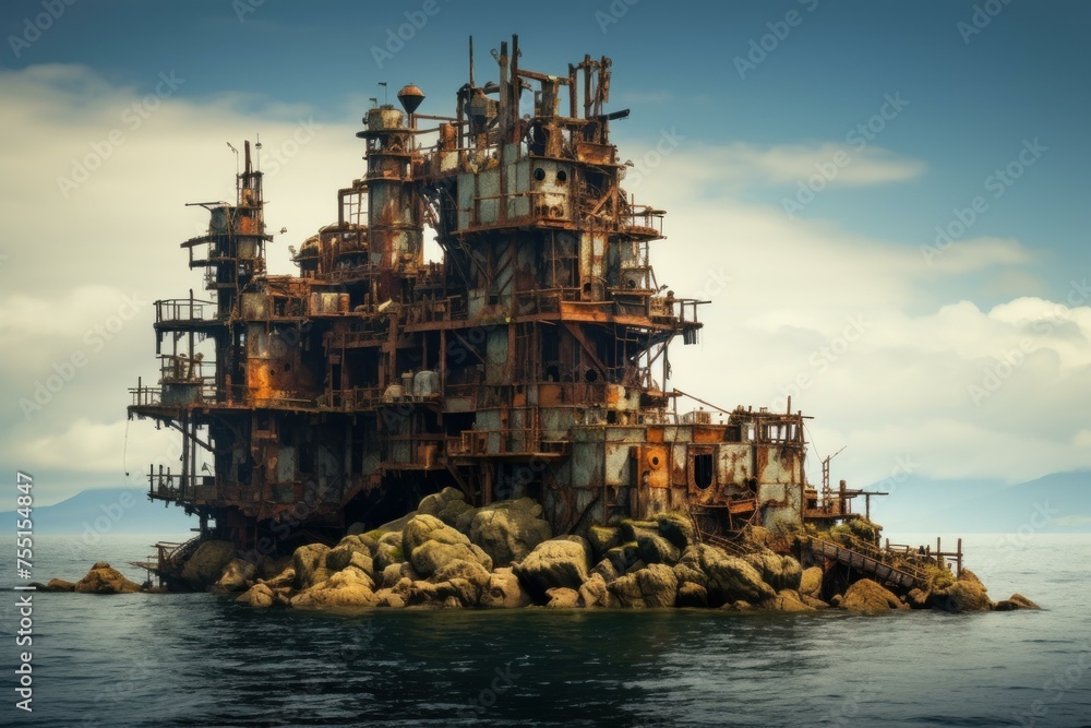 Ominous Rusty fortress sea. Defense fortress. Generate Ai