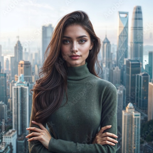 Urban skyline bathed in sunset glow with modern skyscrapers silhouette of woman in green turtleneck sweater arms crossed long brunette hair backlit by sunlight.
