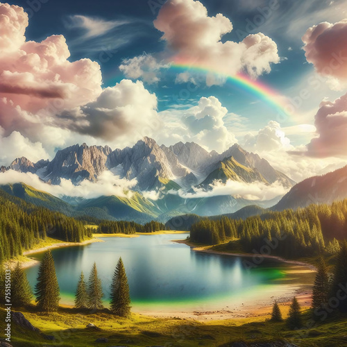 Breathtaking landscape serene lake turquoise water lush green pine trees majestic mountain peaks mist fog colorful rainbow sky vibrant dawn sunset radiant glow enchantment idyllic setting