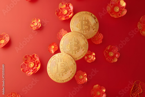 Bitcoin and flowers on red background. Cryptocurrency concept. Golden Bitcoin Amidst Blooming Flowers: A Symbol of Cryptocurrency's Growth and Prosperity on a Vibrant Red Background