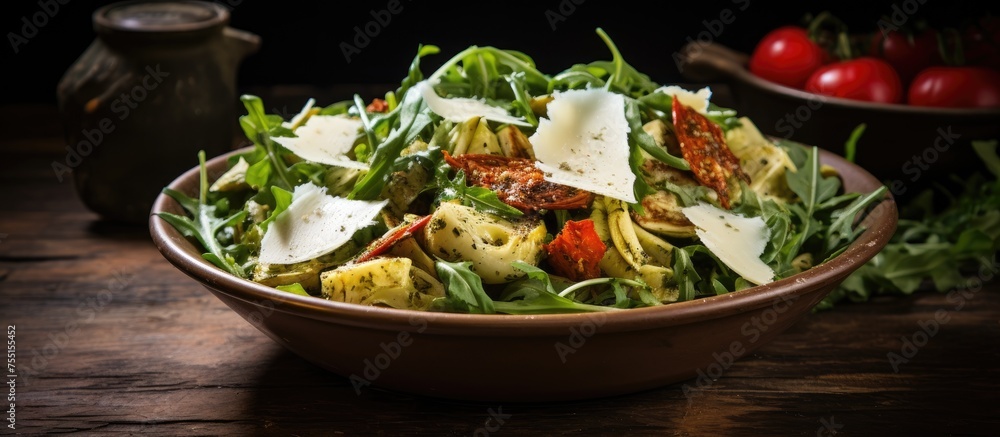 A delicious salad with plum tomatoes, bush tomatoes, and other fresh ingredients in a bowl on a rustic wooden table, ready to be enjoyed A delicious salad with plum tomatoes, bush tomatoes, and other fresh ingredients in a bowl on a rustic wooden table, ready to be enjoyed