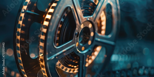 Cinematic Nostalgia background. Close-up of vintage old film reel, evoking the classic era of cinema, copy space. photo