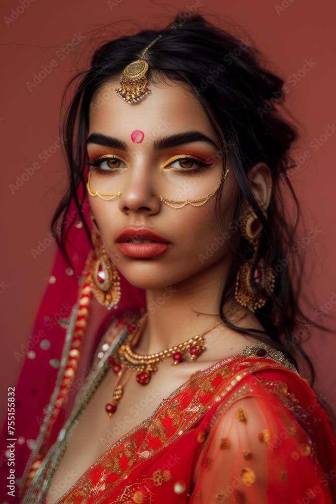 Indian Woman in Red Sari and Gold Jewelry. Generative AI Indian Woman in Red Sari and Gold Jewelry. Generative AI