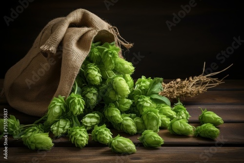 Aromatic Sack of fresh green hops. Nature leaf food agriculture raw. Generate Ai