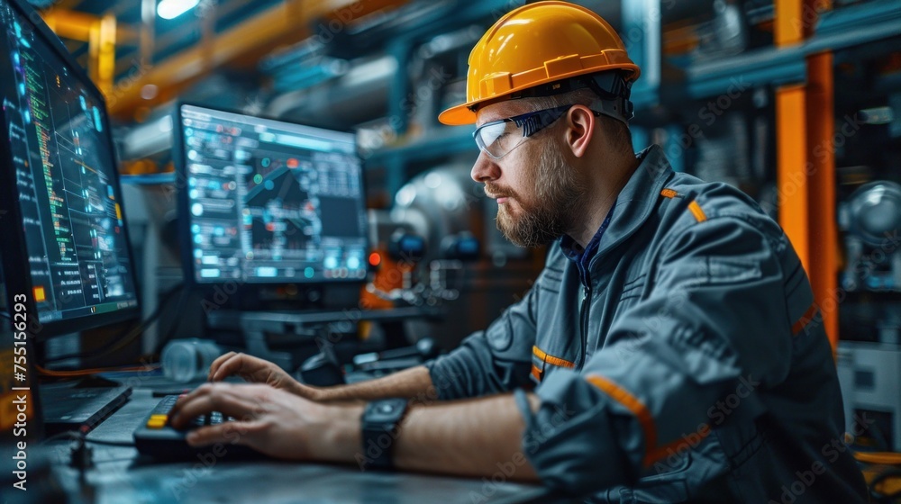 A man in a hard hat is focused on his computer screen, concentrating on engineering tasks. A man in a hard hat is focused on his computer screen, concentrating on engineering tasks.