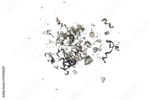 Scrap metal shavings isolated on white background, texture, top view
