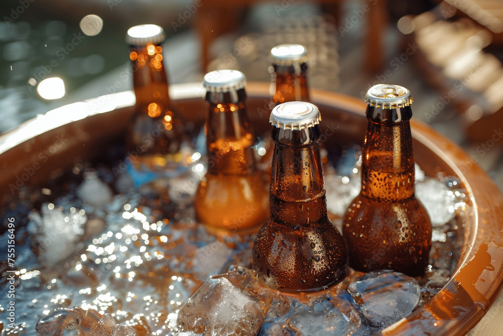 A refreshing assortment of beer bottles on ice, ready for summer picnic. - obrazy, fototapety, plakaty 