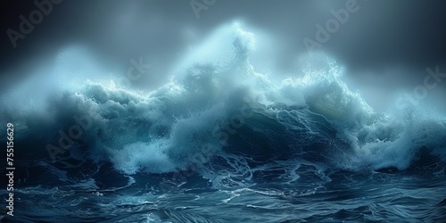 Dramatic and powerful waves crash against a stormy ocean backdrop, depicting the force of nature. photo