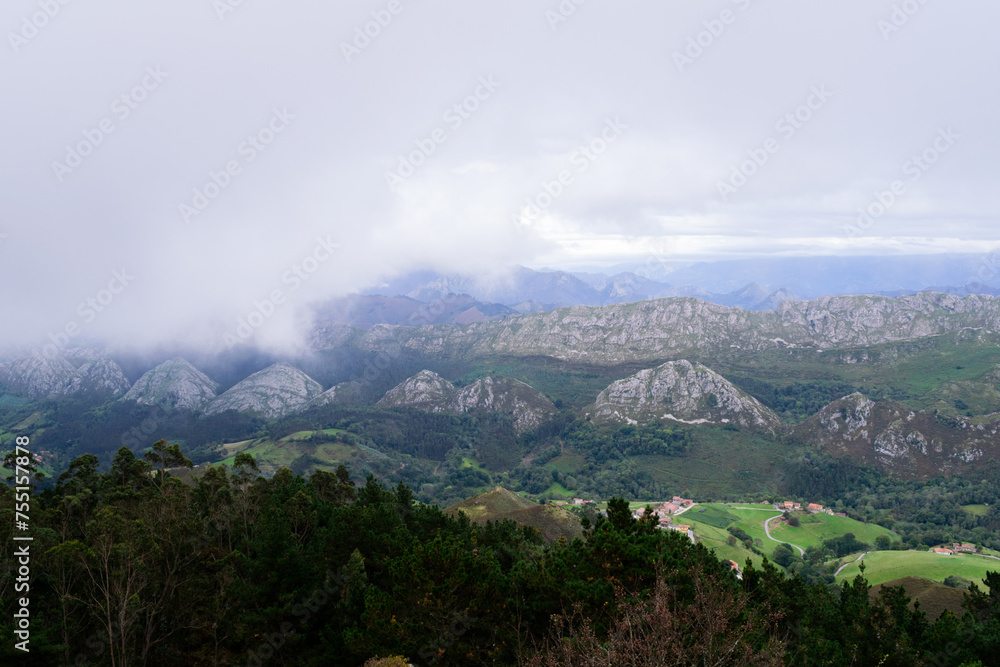 View of the Sueve mountain range with clouds from the Fito viewpoint. Asturias - Spain