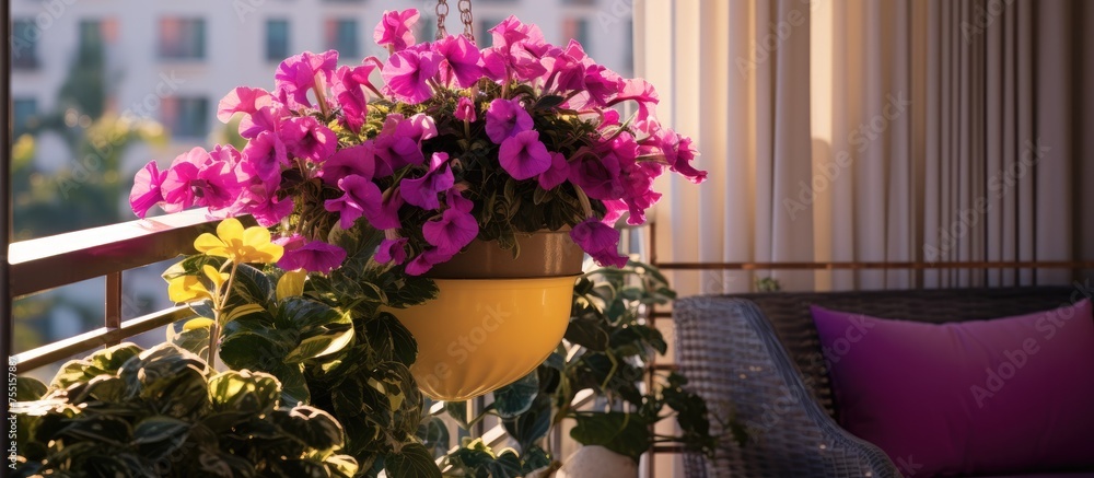 Obraz premium A potted plant with purple flowers, including hot pink terry petunia and yellow gazania, grows on a sunlit balcony.