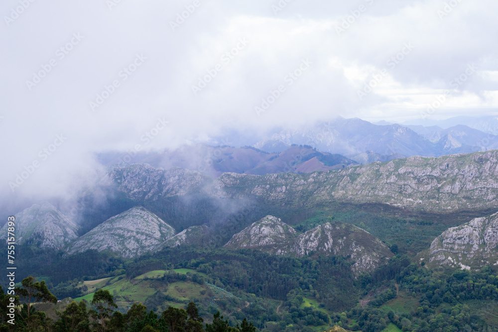 View of the Sueve mountain range with clouds from the Fito viewpoint. Asturias - Spain