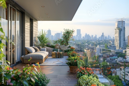A balcony overlooking the city with a couch for seating.