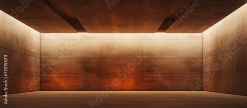 Panel kuchenny z motywem An empty room with brown concrete walls and a smooth floor. A beam of light shines down from the ceiling, creating a stark contrast in the space.