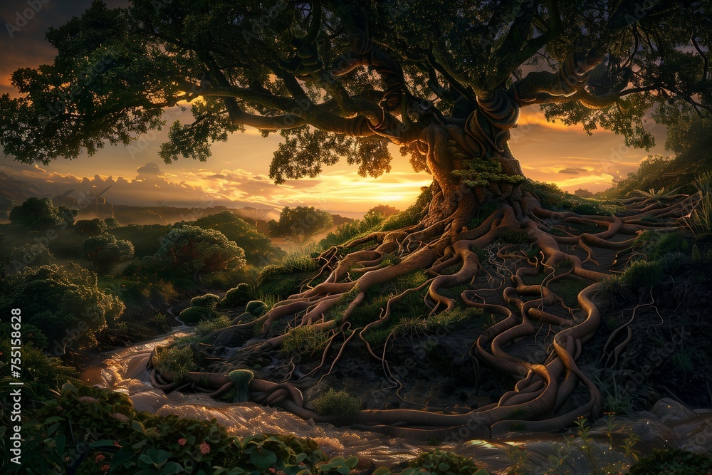Ancient Tree with a Network of Roots Forming Natural Rainwater ...
